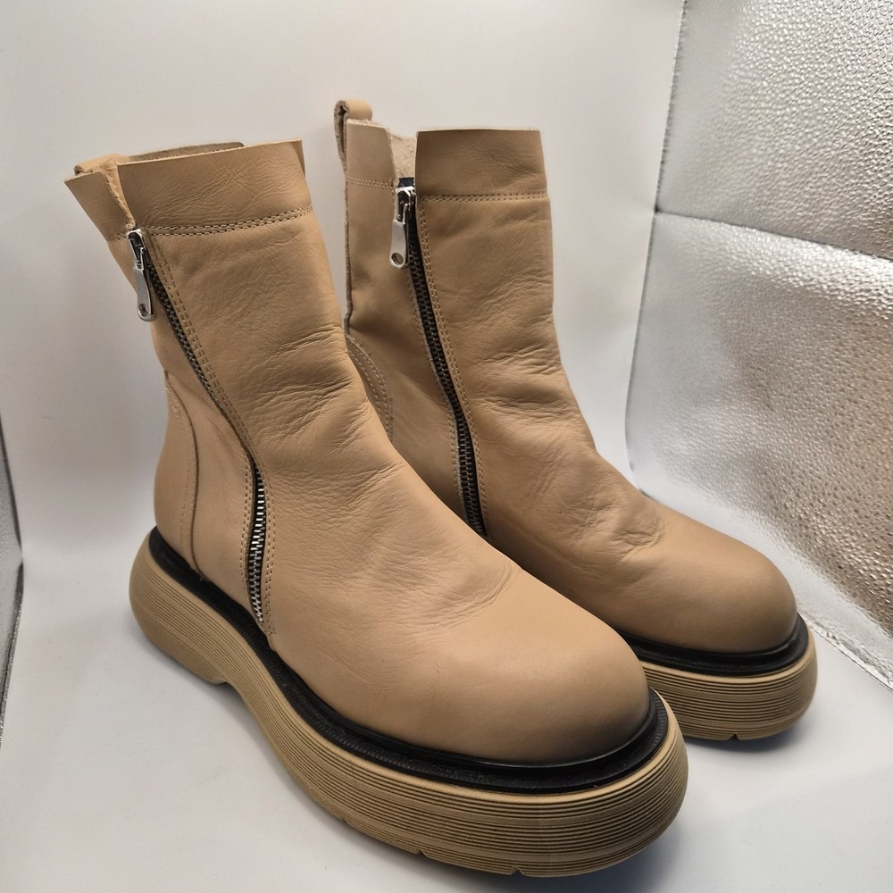 Free People Women Mara Zip Moto Boots 8.5 in Taupe Brown Leather‎ Size 39
